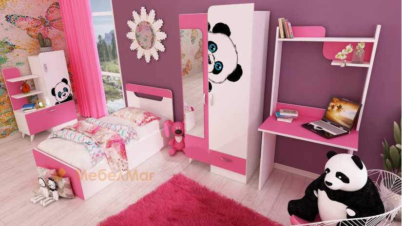 Детски спален комплект Панда с включен матрак Бонел 82/190 бяло шагре с корал - изглед 2