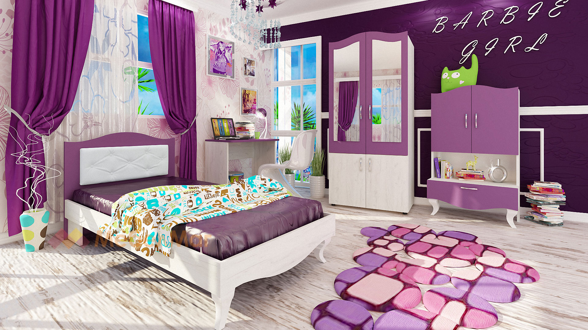 Детски спален комплект Барби дъб крафт бял със светъл виолет с включен матрак Бонел 90/200