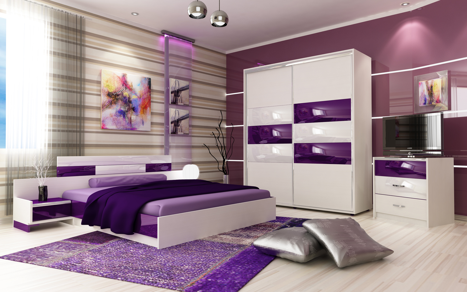 Идеи за дизайн на спалня в лилаво и сиво