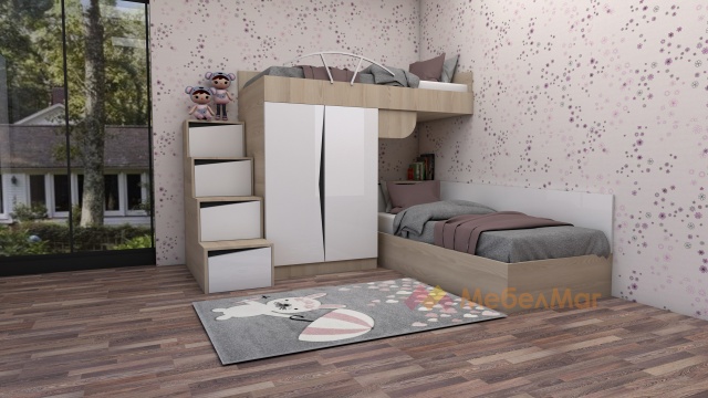 Детски спален комплект Марти с включени матраци Бонел 90/200 бял гланц с кармен и графит