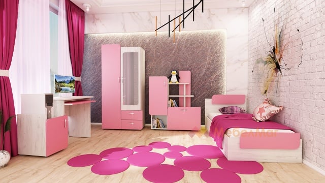 Детски спален комплект Съни с включен матрак Бонел 82/190 дъб крафт бял с розов пастел