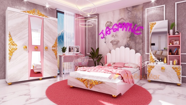 Детски спален комплект Ясмин с включен матрак Бонел 120/190 бял гланц с мрамор и розов пастел