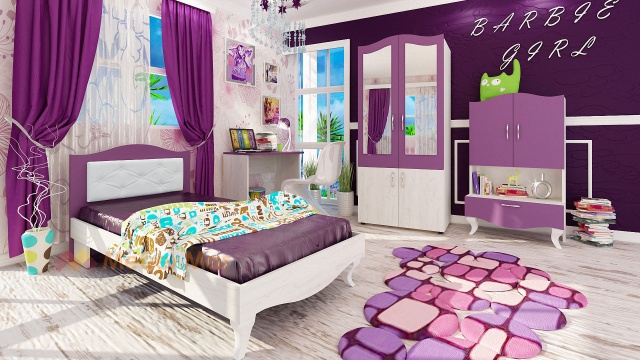 Детски спален комплект Барби с включен матрак Бонел 90/200 дъб крафт бял със светъл виолет