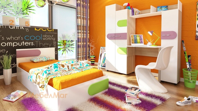 Детски спален комплект Скай с включен матрак Бонел 82/190 дъб сонома с бяло, зелен пастел и светъл виолет