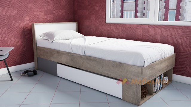 Легло с чекмеджета Мито с включен матрак Бонел 90/200 дъб суров с бяло и кобалтово сиво