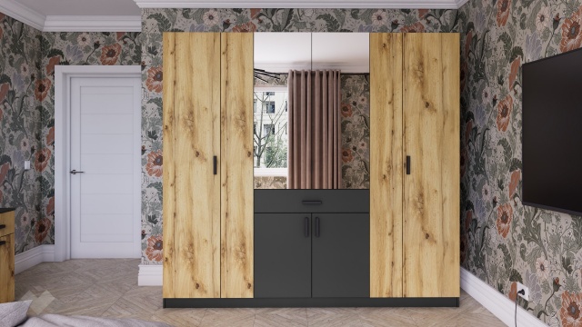 Гардероб Честър четирикрилни светъл вотан с антрацит - МебелМаг Гардероб Честър четирикрилни светъл вотан с антрацит