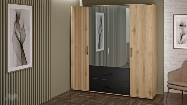 Гардероб Ламела четирикрилни дъб канела с дъб ламела и черно шагре - МебелМаг Гардероб Ламела четирикрилни дъб канела с дъб ламела и черно шагре