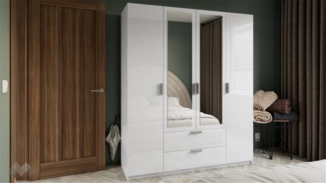 Гардероб Шайн четирикрилни бял гланц с бяло - МебелМаг Гардероб Шайн четирикрилни бял гланц с бяло