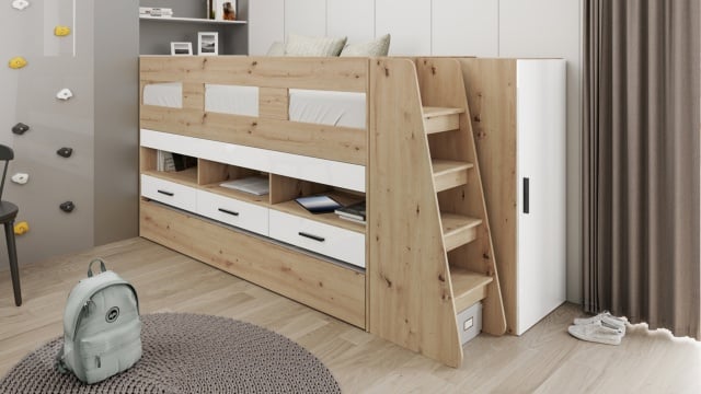 Двуетажно легло Франк с включени матраци Бонел 90/200 дъб артисан с бял гланц