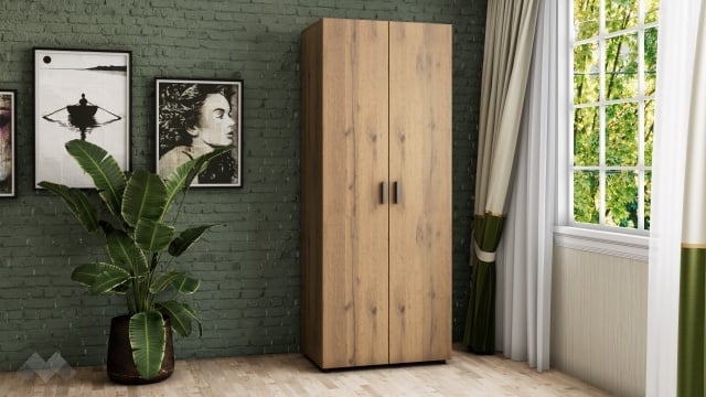 Гардероб Оптима двукрилни дъб вотан с черно - МебелМаг Гардероб Оптима двукрилни дъб вотан с черно