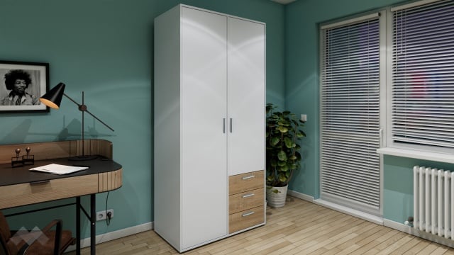 Гардероб Жизел двукрилни бяло гладко с дъб сонома - МебелМаг Гардероб Жизел двукрилни бяло гладко с дъб сонома