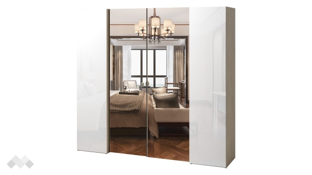 Гардероб Лорис с плъзгащи врати дъб кремона с бял гланц - МебелМаг Гардероб Лорис с плъзгащи врати дъб кремона с бял гланц