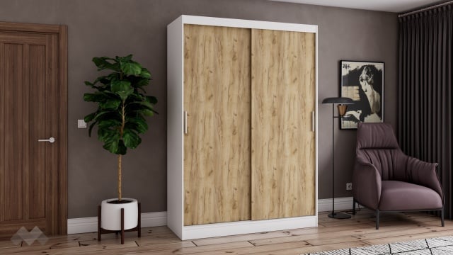 Гардероб Карлос с плъзгащи врати бял със златен дъб - МебелМаг Гардероб Карлос с плъзгащи врати бял със златен дъб