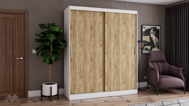 Гардероб Карлос с плъзгащи врати бял със златен дъб - МебелМаг Гардероб Карлос с плъзгащи врати бял със златен дъб