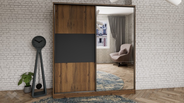 Гардероб Димана с плъзгащи врати дъб вотан с черно шагре - МебелМаг Гардероб Димана с плъзгащи врати дъб вотан с черно шагре