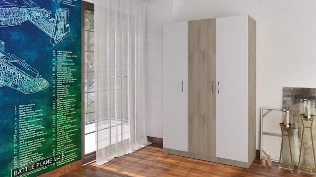 Гардероб Спрингфийлд трикрилни сонома арвен с бял гланц - МебелМаг Гардероб Спрингфийлд трикрилни сонома арвен с бял гланц