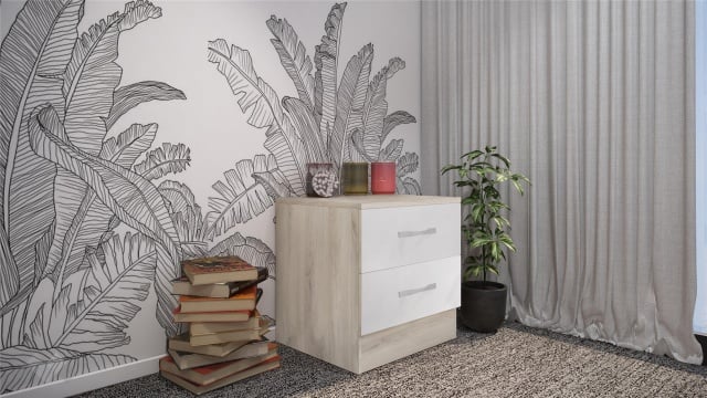 Нощен шкаф Диди сонома арвен с бял гланц - МебелМаг Нощен шкаф Диди сонома арвен с бял гланц