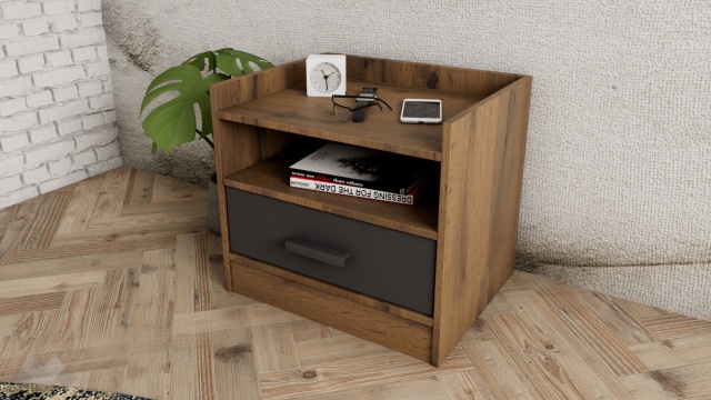 Нощен шкаф Димана дъб вотан с черно шагре - МебелМаг Нощен шкаф Димана дъб вотан с черно шагре