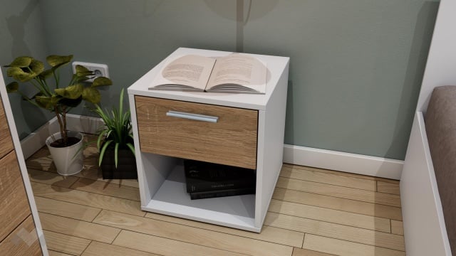 Нощен шкаф Жизел бяло гладко с дъб сонома - МебелМаг Нощен шкаф Жизел бяло гладко с дъб сонома