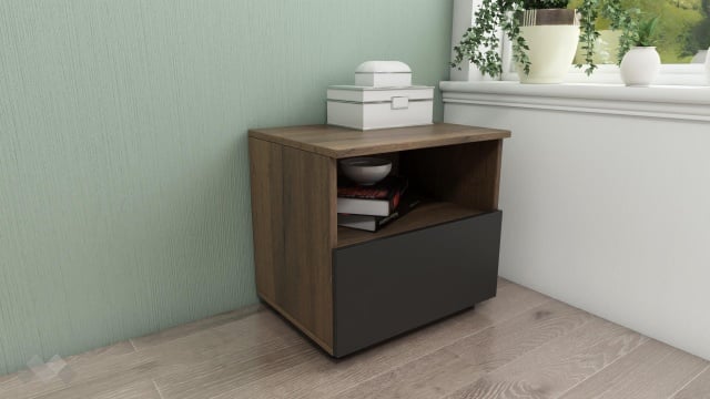 Нощен шкаф Кайли дъб вотан с черно шагре - МебелМаг Нощен шкаф Кайли дъб вотан с черно шагре