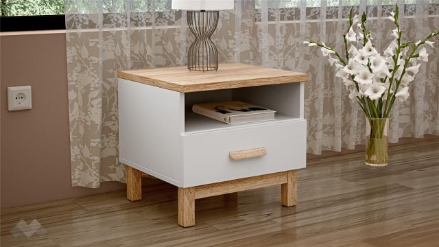 Нощен шкаф Линда бяло гладко с дъб кадис - МебелМаг Нощен шкаф Линда бяло гладко с дъб кадис