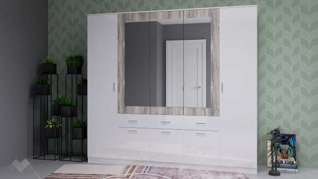 Гардероб Прайд петкрилни бял гланц с малта - МебелМаг Гардероб Прайд петкрилни бял гланц с малта