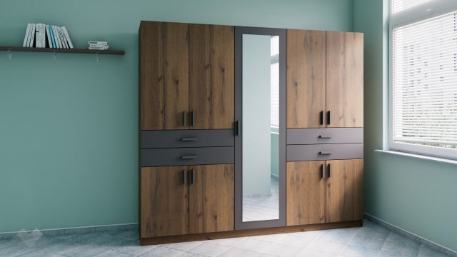 Гардероб Рос петкрилни дъб вотан с черно шагре - МебелМаг Гардероб Рос петкрилни дъб вотан с черно шагре