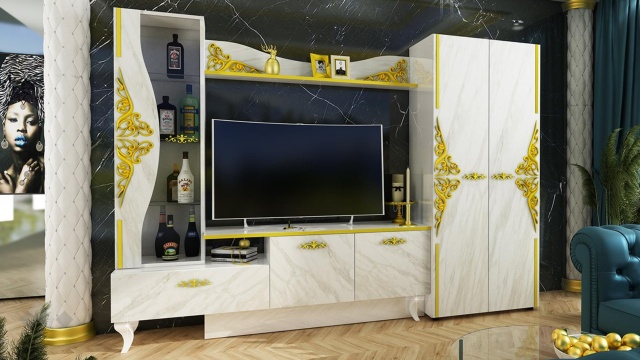 Секция Роксана с витрина бял гланц с мрамор