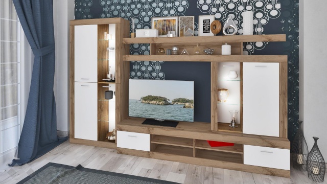 Секция Белвю с LED осветление бяло гладко с дъб дакота - МебелМаг Секция Белвю с LED осветление бяло гладко с дъб дакота