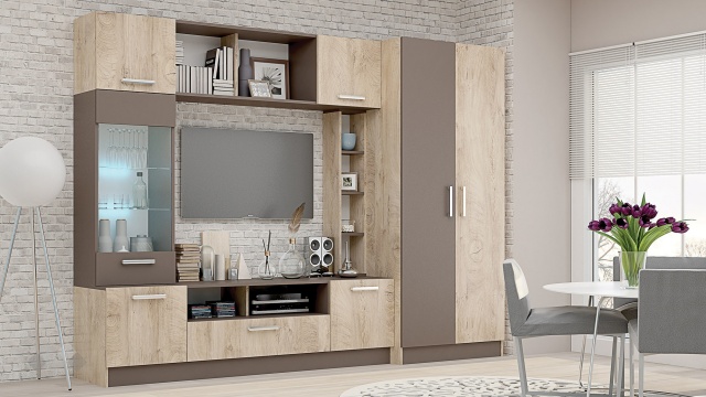 Секция Детройт с гардероб дъб елеганс с тъмно капучино