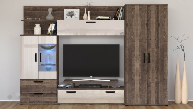 Секция Диего с гардероб колониален дъб със сатен огледален гланц - МебелМаг Секция Диего с гардероб колониален дъб със сатен огледален гланц