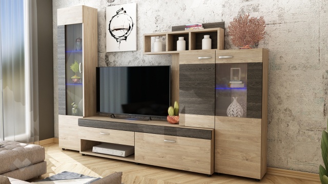 Секция Галакси с LED осветление пясъчен дъб с винтидж - МебелМаг Секция Галакси с LED осветление пясъчен дъб с винтидж