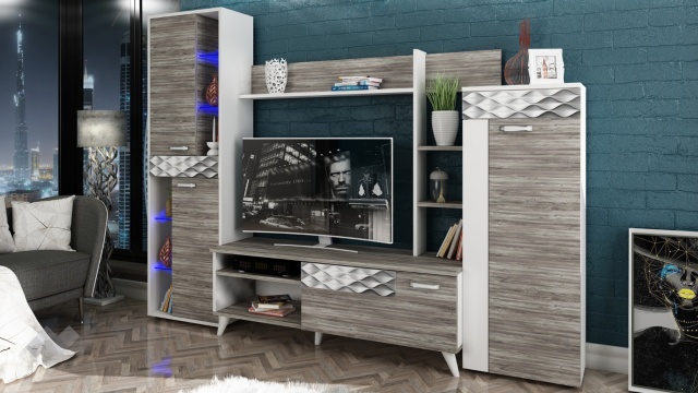 Секция Капри с витрина дъб антрацит с бяло