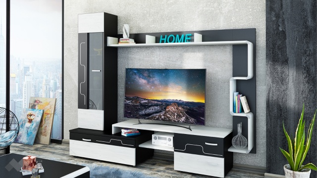 Секция Крафт с витрина черно шагре с дъб крафт бял