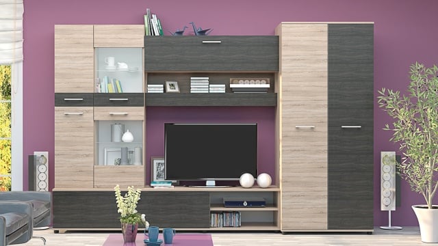 Секция Майли с LED осветление дъб сонома с дъб карбон - МебелМаг Секция Майли с LED осветление дъб сонома с дъб карбон