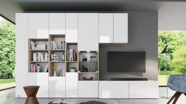 Секция Маверик с LED осветление сонома арвен с бяло гланц - МебелМаг Секция Маверик с LED осветление сонома арвен с бяло гланц