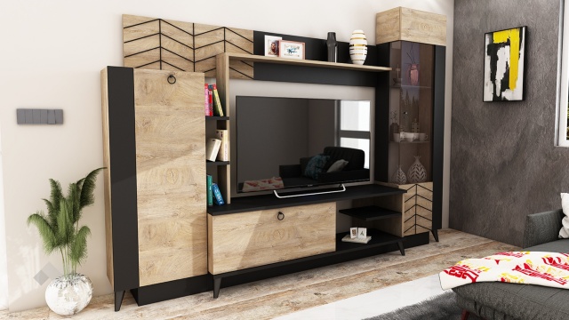 Секция Тренд с витрина черно шагре с дъб суров - МебелМаг Секция Тренд с витрина черно шагре с дъб суров