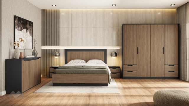 Спален комплект Ейприл с включен матрак Бонел 160/200 орех линеа с графит