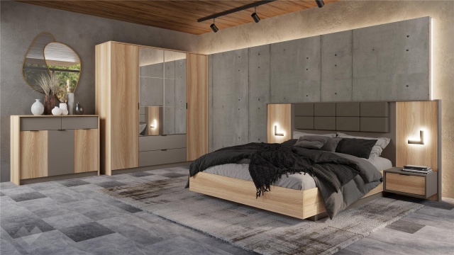 Спален комплект Опиум с включен матрак Бонел 160/200 блонд сърфейс с лате - МебелМаг Спален комплект Опиум с включен матрак Бонел 160/200 блонд сърфейс с лате