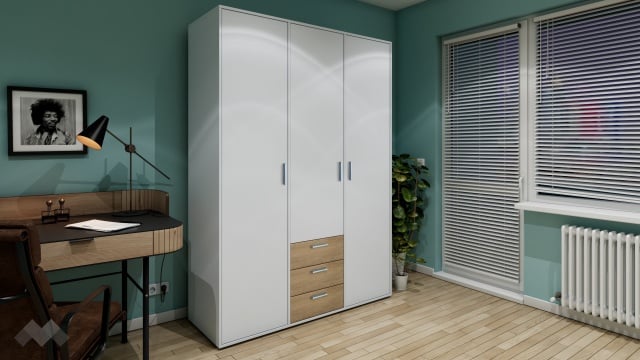 Гардероб Жизел трикрилни бяло гладко с дъб сонома - МебелМаг Гардероб Жизел трикрилни бяло гладко с дъб сонома