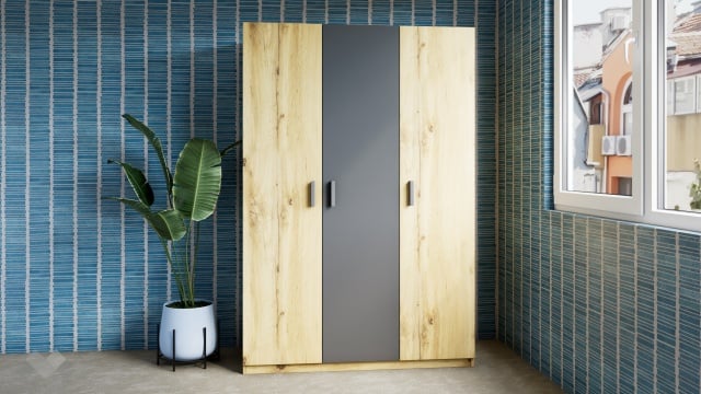 Гардероб Малена трикрилни светъл вотан с антрацит - МебелМаг Гардероб Малена трикрилни светъл вотан с антрацит