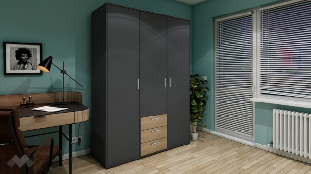 Гардероб Жизел трикрилни антрацит с дъб сонома - МебелМаг Гардероб Жизел трикрилни антрацит с дъб сонома