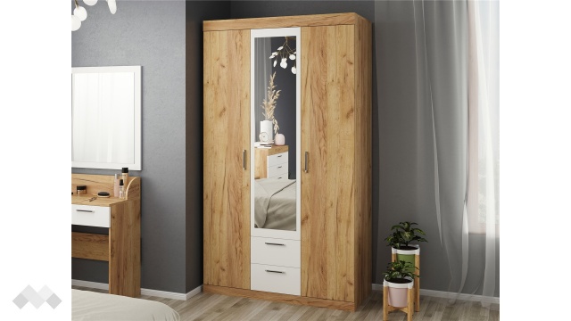 Гардероб Моник трикрилни златен дъб с бяло - МебелМаг Гардероб Моник трикрилни златен дъб с бяло