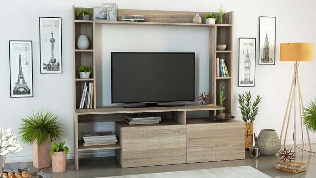 ТВ шкаф Боди с открити рафтове тъмна сонома - МебелМаг ТВ шкаф Боди с открити рафтове тъмна сонома