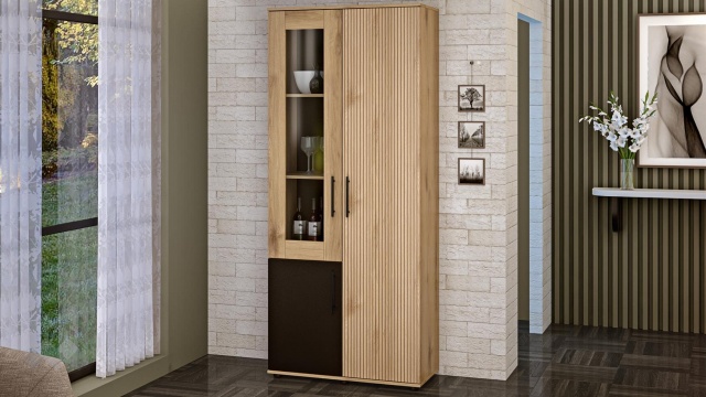 Висок шкаф с витрина Ламела дъб канела с дъб ламела и черно шагре - МебелМаг Висок шкаф с витрина Ламела дъб канела с дъб ламела и черно шагре