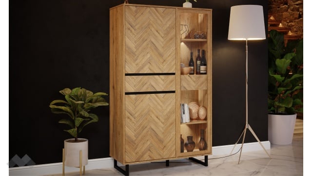 Висок шкаф с витрина Никодис с витрина дъб натурал с черен мат и житен дъб