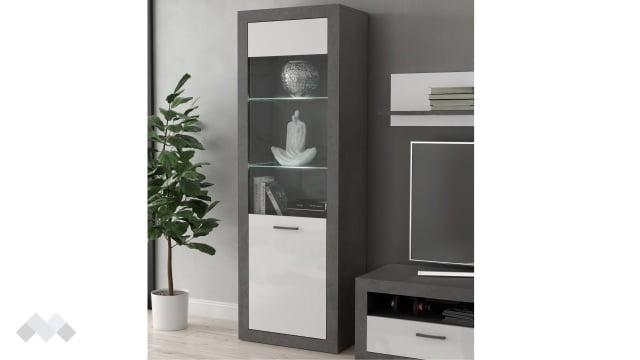 Висок шкаф Требия с витрина сиво с бял гланц - МебелМаг Висок шкаф Требия с витрина сиво с бял гланц