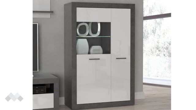 Висок шкаф с две врати Требия с витрина сиво с бял гланц - МебелМаг Висок шкаф с две врати Требия с витрина сиво с бял гланц