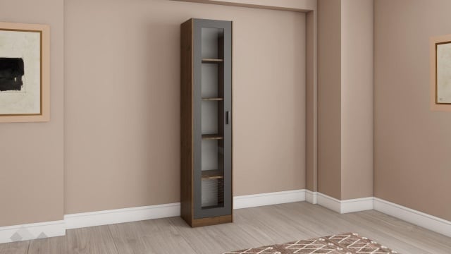 Висок шкаф с витрина Хироу с витрина дъб вотан с черно шагре