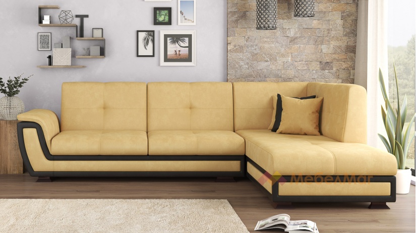 Ъглов диван Далас с посока горчица с черна кожа - изглед 1